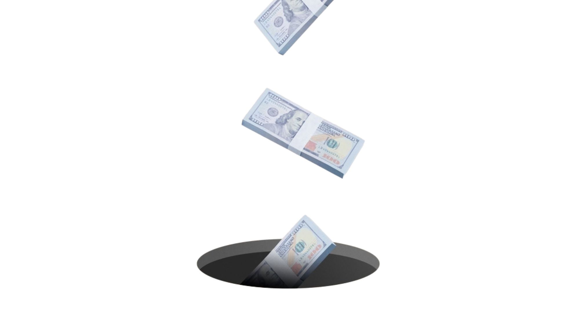 Illustration of money falling from the sky into a hole. 