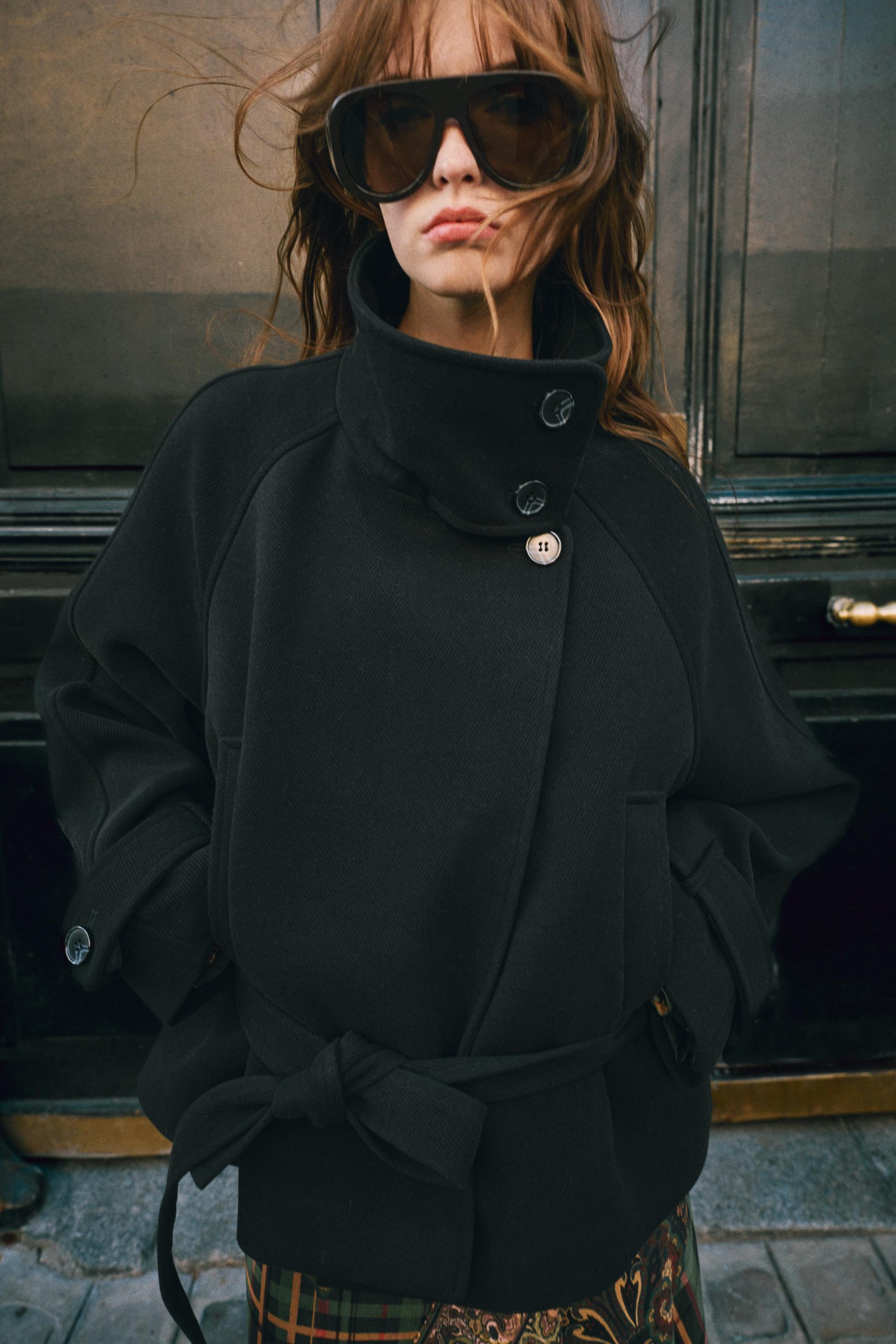 Belted High Collar Coat - Black - Xs