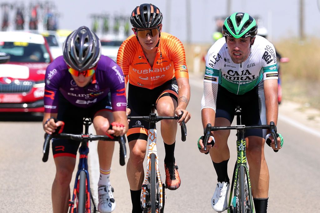 ALBACETE SPAIN AUGUST 18 LR Xavier Mikel Azparren Irurzun of Spain and Team Euskaltel Euskadi and Oier Lazkano Lopez of Spain and Team Caja RuralSeguros RGA in the Breakaway during the 76th Tour of Spain 2021 Stage 5 a 1844km stage from Tarancn to Albacete lavuelta LaVuelta21 on August 18 2021 in Albacete Spain Photo by Gonzalo Arroyo MorenoGetty Images