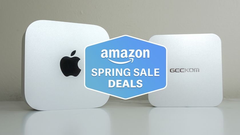 The Mac mini M4 next to the Geekom A6 with a Tom&#039;s Guide Amazon Spring Sale deals badge