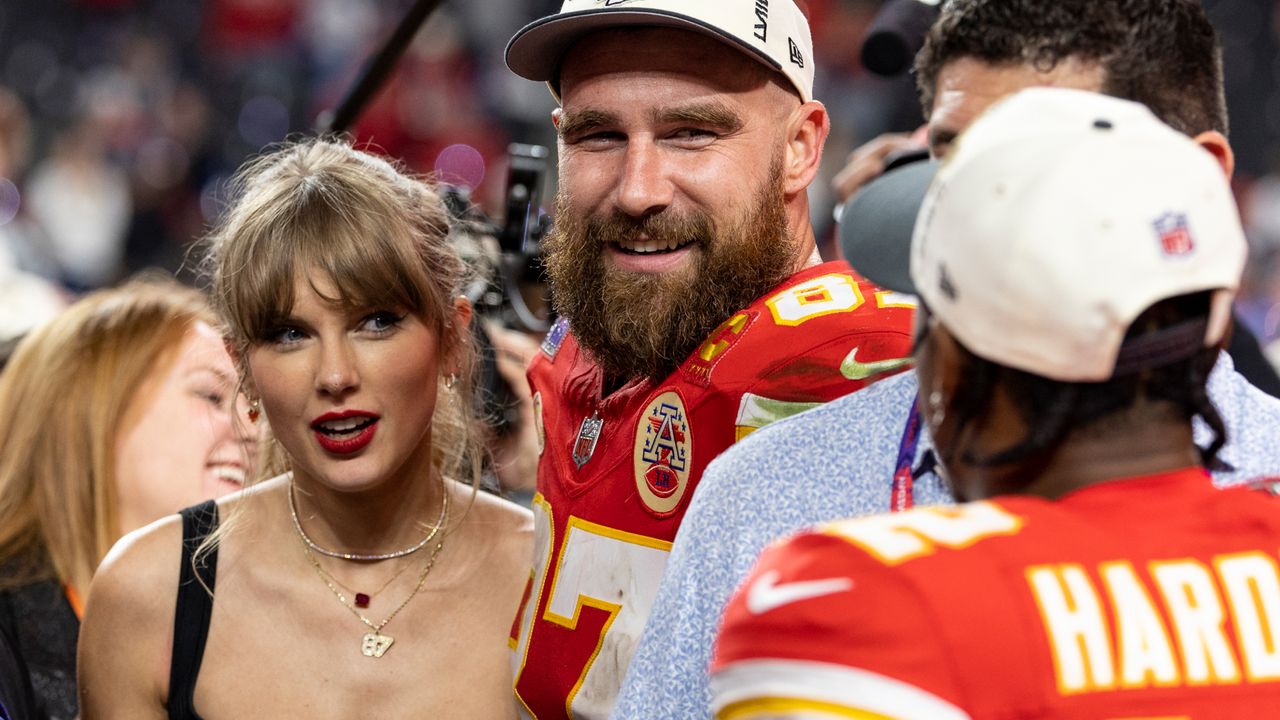 Taylor Swift and Travis Kelce at the 2024 Super Bowl