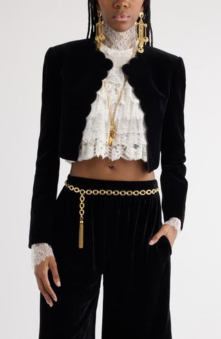 Scalloped Open Front Velveteen Crop Jacket