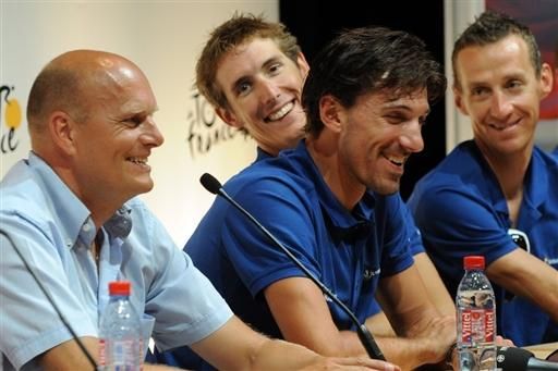 Team Saxo Bank at a pre-Tour de France press conference: (L-R) team manager Bjarne Riis, Andy Schleck, Fabien Cancellara and Kurt-Asle Arvensen.