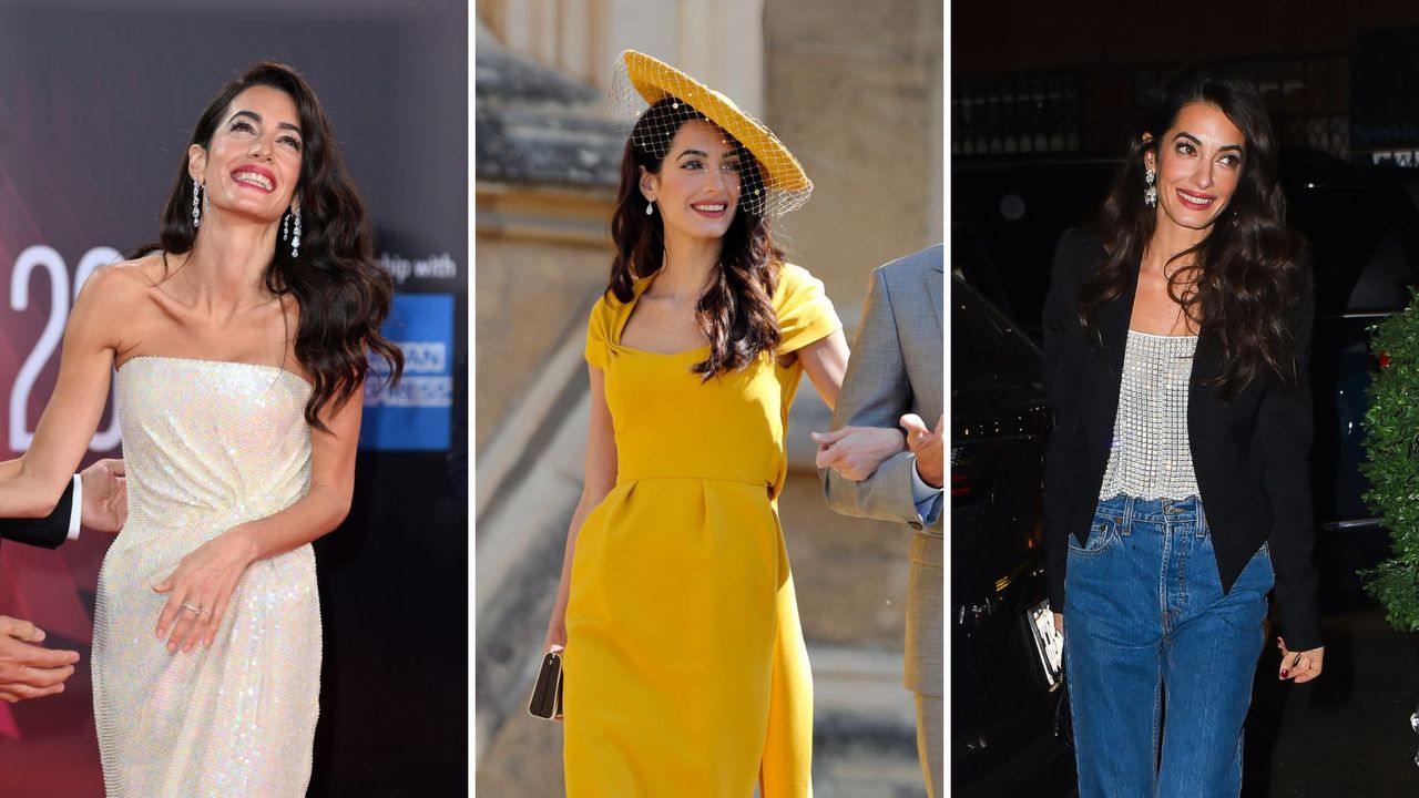 composite of amal clooney&#039;s outfits from 16arlington, re/done and stella mccartney