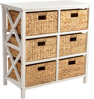 A cream and wicker storage cabinet with removable drawers.