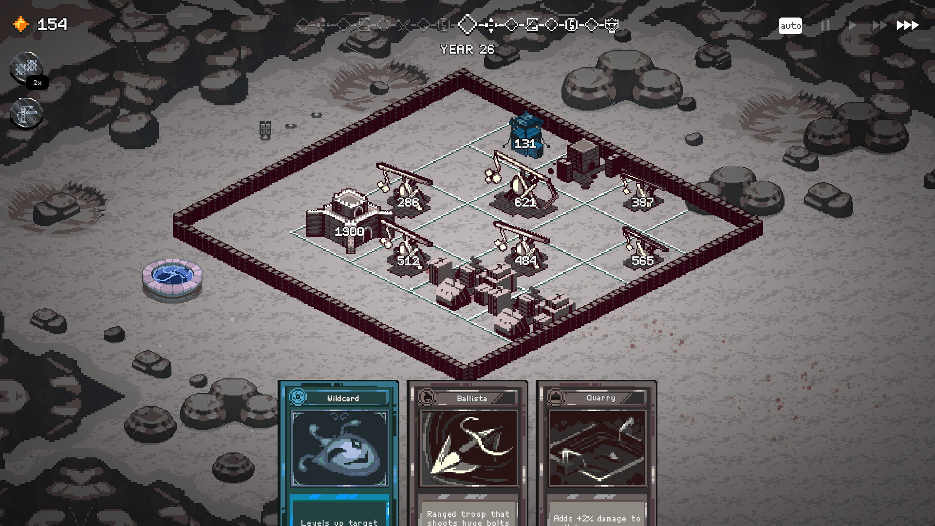9 Kings screenshot of a tile-based grid to set down buildings with a selection of cards showing options to add a quarry or ballista