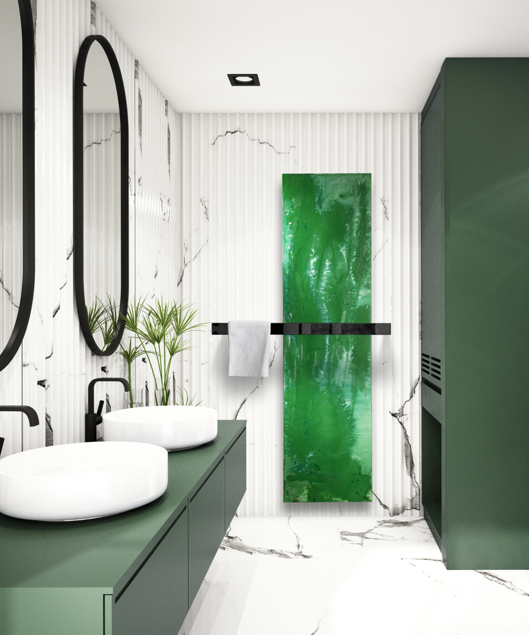 bathroom with white marble fluted wall tiles, green modern vertical radiator, green vanity and storage, double sinks and mirrors