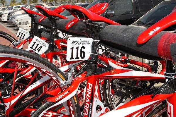 The Safi-Pasta Zara Pinarellos, sporting matching red saddles, are ready for Stage 1.