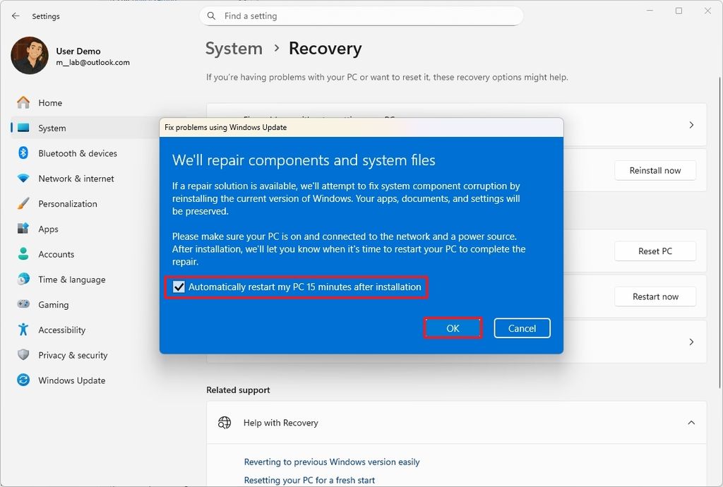 Repair restart option