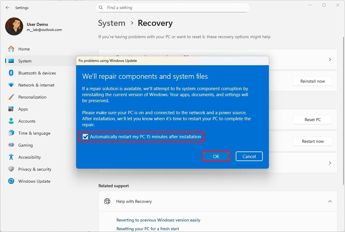 Repair restart option