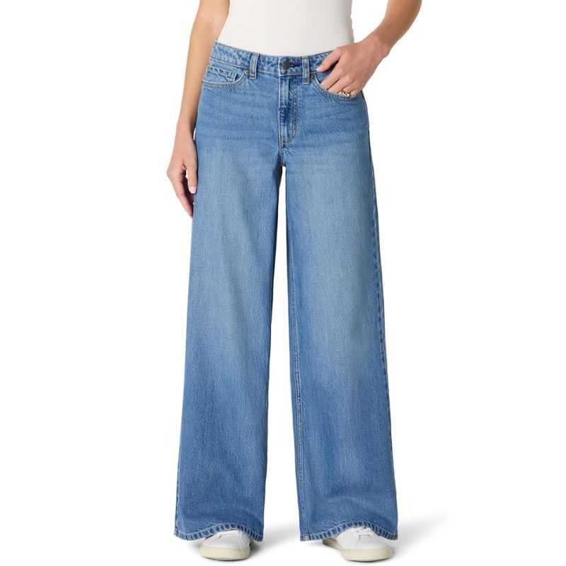 Amazon Essentials Women's Ultra-Soft Mid-Rise Wide Leg Jeans on model