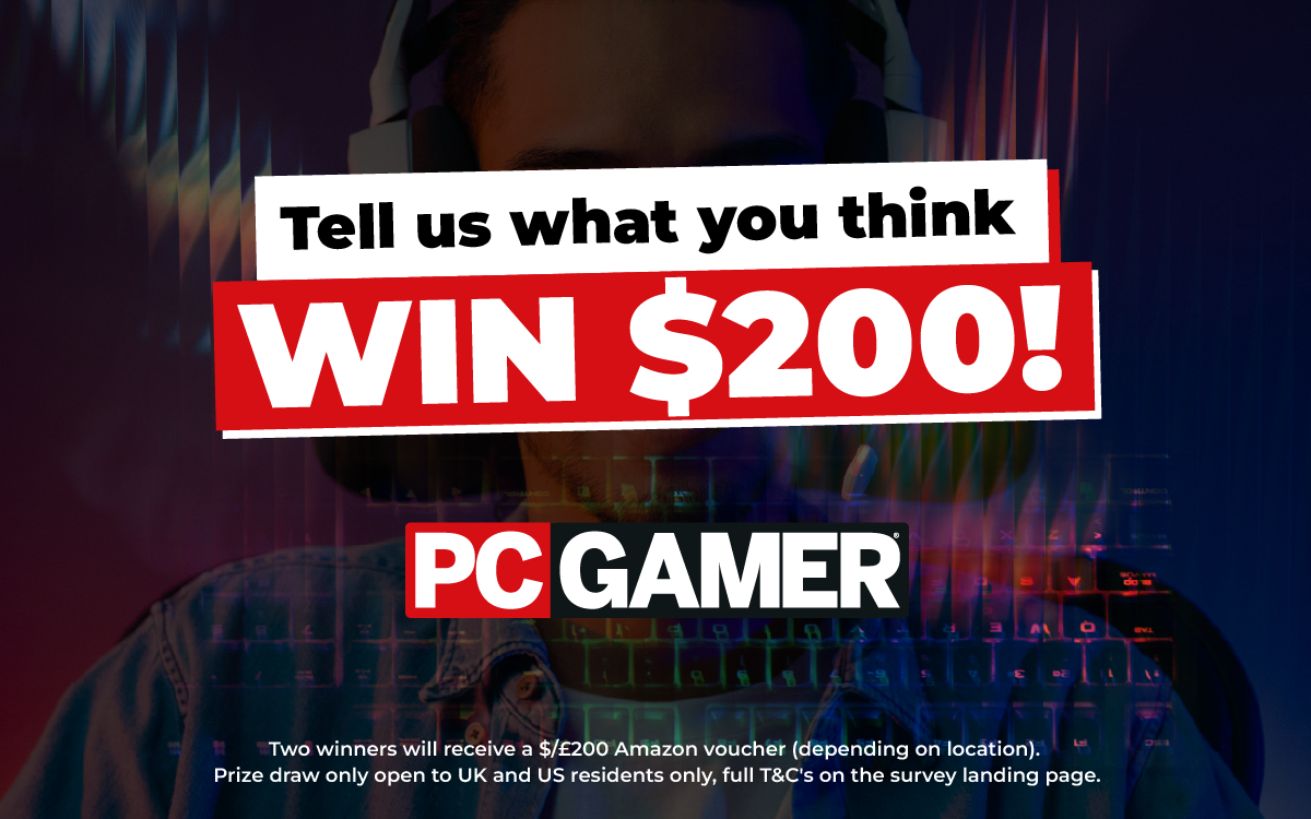 PC Gamer survey offering the chance to win $200 with a gamer in the backdrop facing forward, superimposed gaming keyboard imagery and the PC Gamer logo