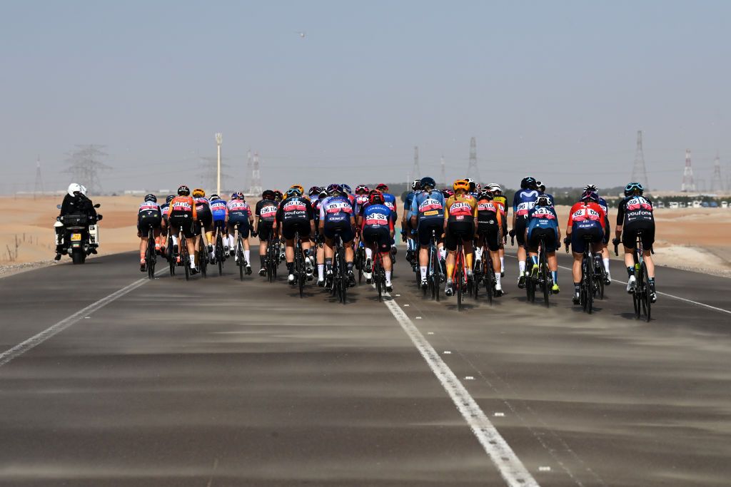 AL MIRFAUNITED ARAB EMIRATES FEBRUARY 10 A general view of the peloton competing during the 1st UAE Tour Women 2023 Stage 2 a 133km stage from Al Dhafra Castle to Al Mirfa UAETourWomen on February 10 2023 in Al Mirfa United Arab Emirates Photo by Tim de WaeleGetty Images