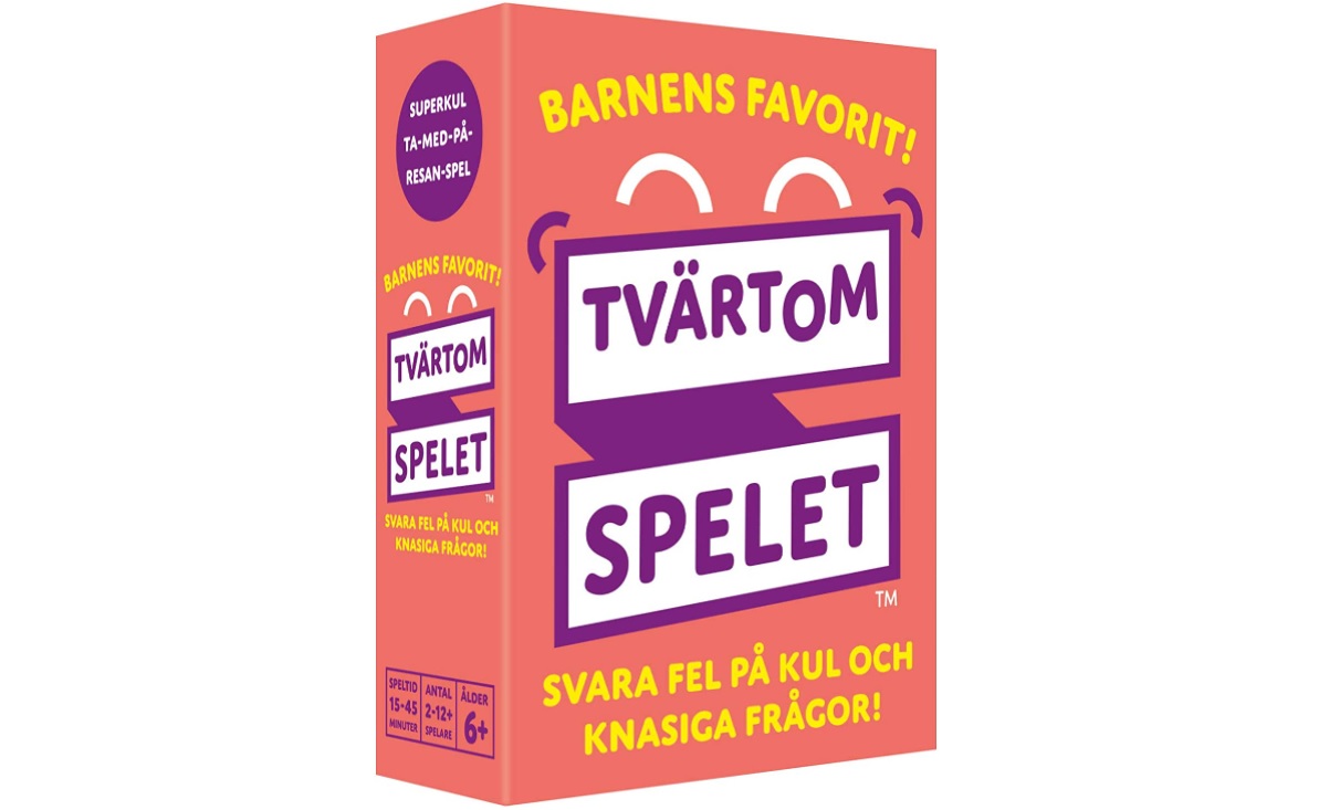 Förpackningen till sällskapsspelet Tvärtomspelet visas upp mot en vit bakgrund.