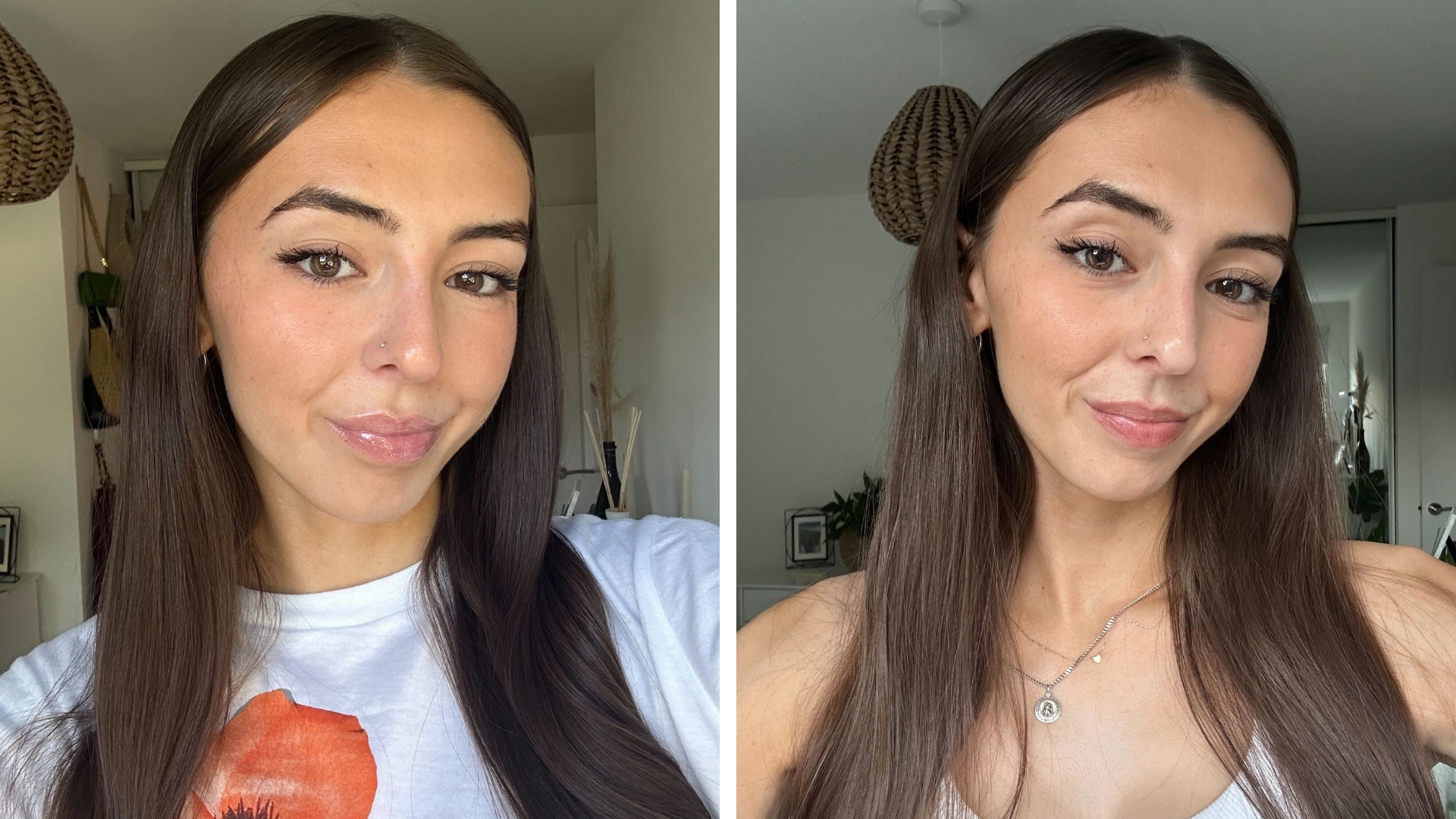 Image showing Sennen having first applied her makeup with the setting spray and a photo showing the makeup 11 hours later