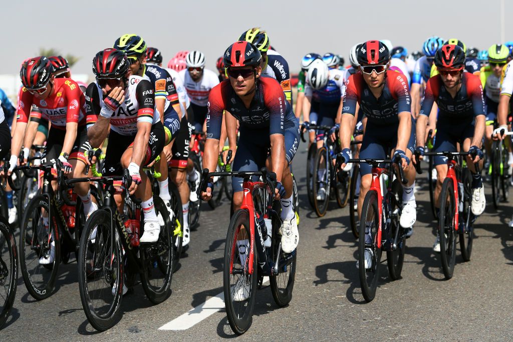 AL MARJAN UNITED ARAB EMIRATES FEBRUARY 24 LR Andrey Amador Bikkazakova of Costa Rica Michal Kwiatkowski of Poland and Adam Yates of United Kingdom and Team INEOS Grenadiers compete during the 4th UAE Tour 2022 Stage 5 a 182km stage from Ras al Khaimah Corniche to Al Marjan Island UAETour WorldTour on February 24 2022 in Al Marjan United Arab Emirates Photo by Tim de WaeleGetty Images