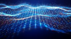 An abstract visualization of data, shown as a glowing blue and orange web on a blue background.