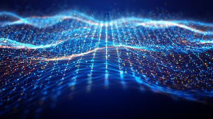 An abstract visualization of data, shown as a glowing blue and orange web on a blue background.