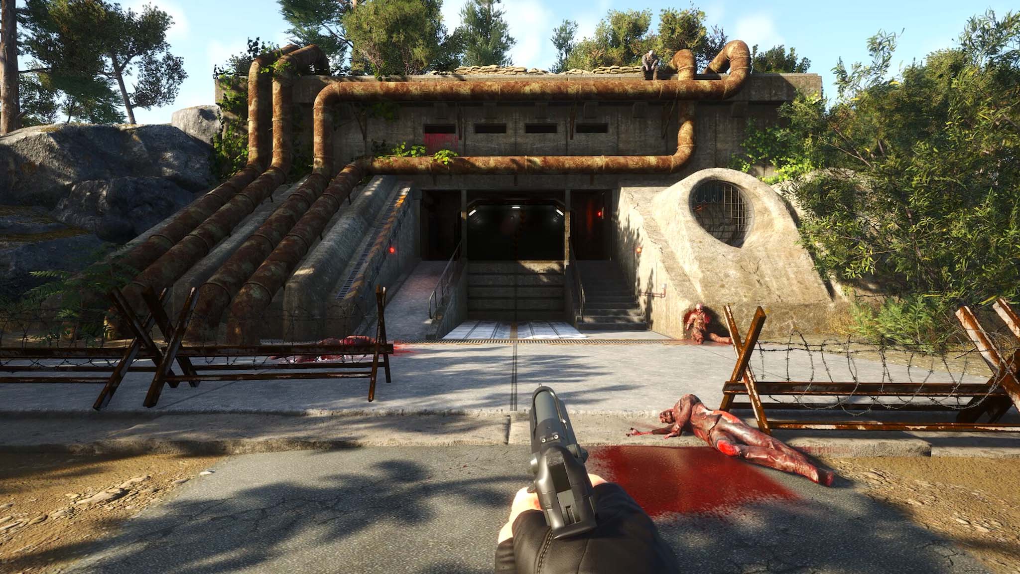 Screenshot from SCUM showing a first person view of a bunker with dead bodies around it.