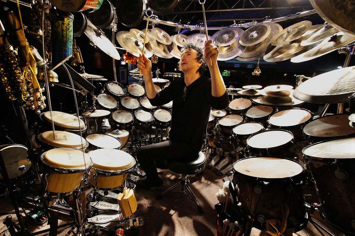 Session man and Frank Zappa drummer Terry Bozzio at a drum clinic in London