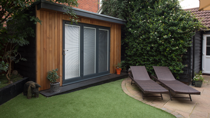 Artificial grass, two deckchairs and home office