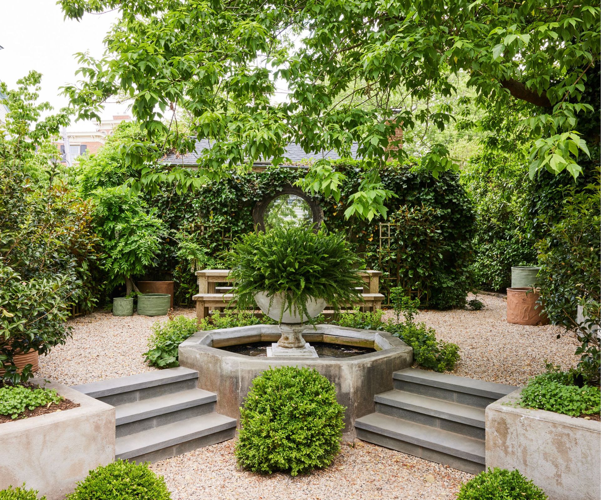 Grey stairs, wooden bench
