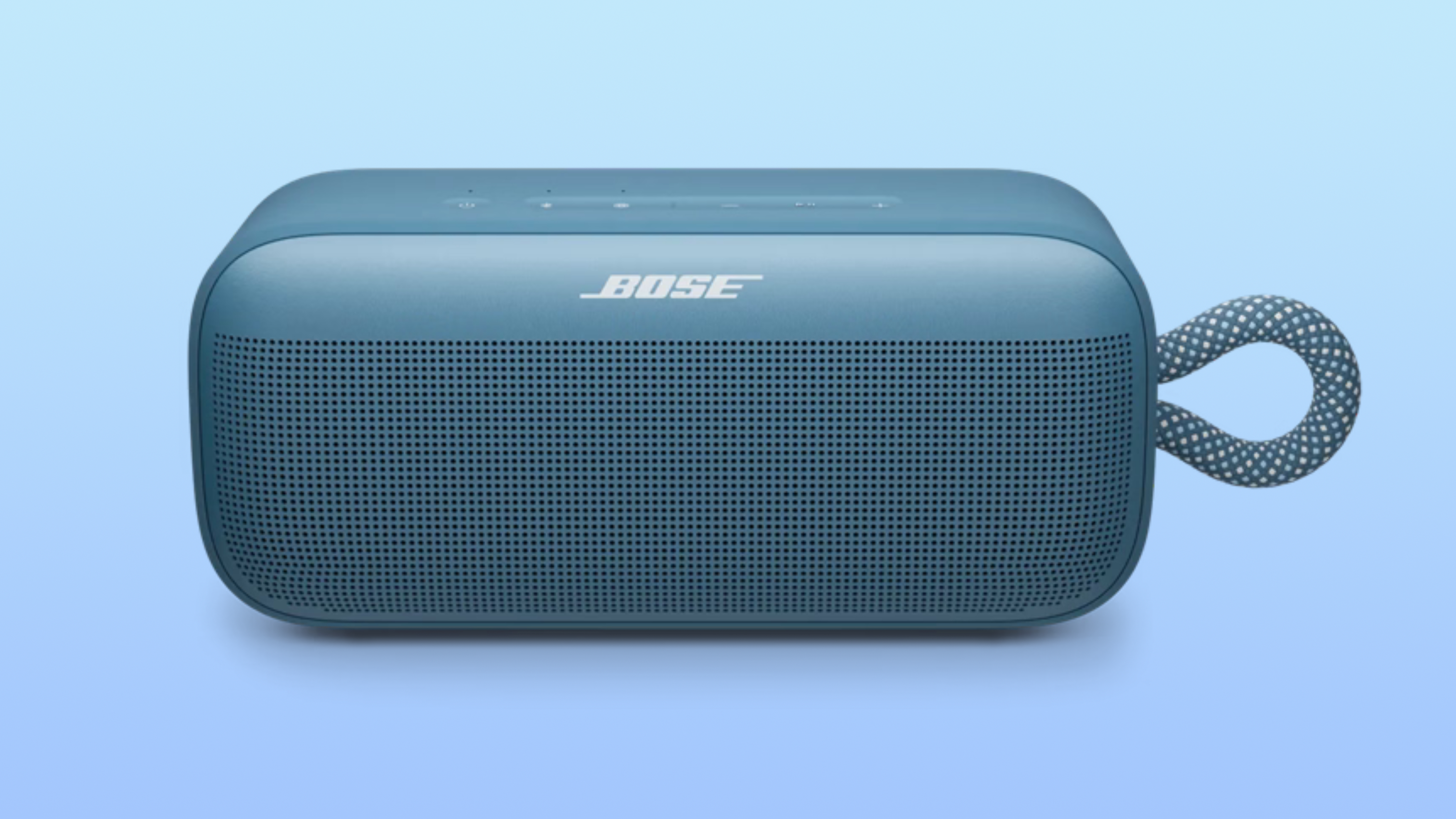 The Bose SoundLink Plus in blue against a gradient blue background.