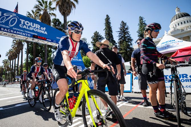 The USA Cycling National Team take their places on the start line on stage 3 of the 2018 Amgen Women's Race