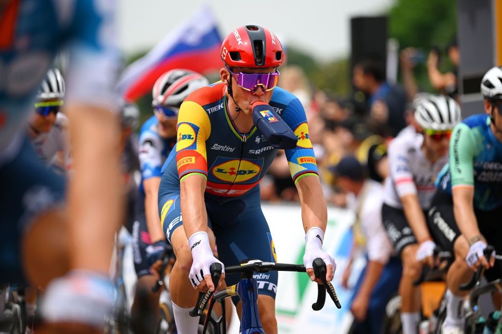 PIACENZA ITALY JULY 01 Mads Pedersen of Denmark and Team Lidl Trek prior to the 111th Tour de France 2024 Stage 3 a 2308km stage from Piacenza to Torino UCIWT on July 01 2024 in Piacenza Italy Photo by Dario BelingheriGetty Images