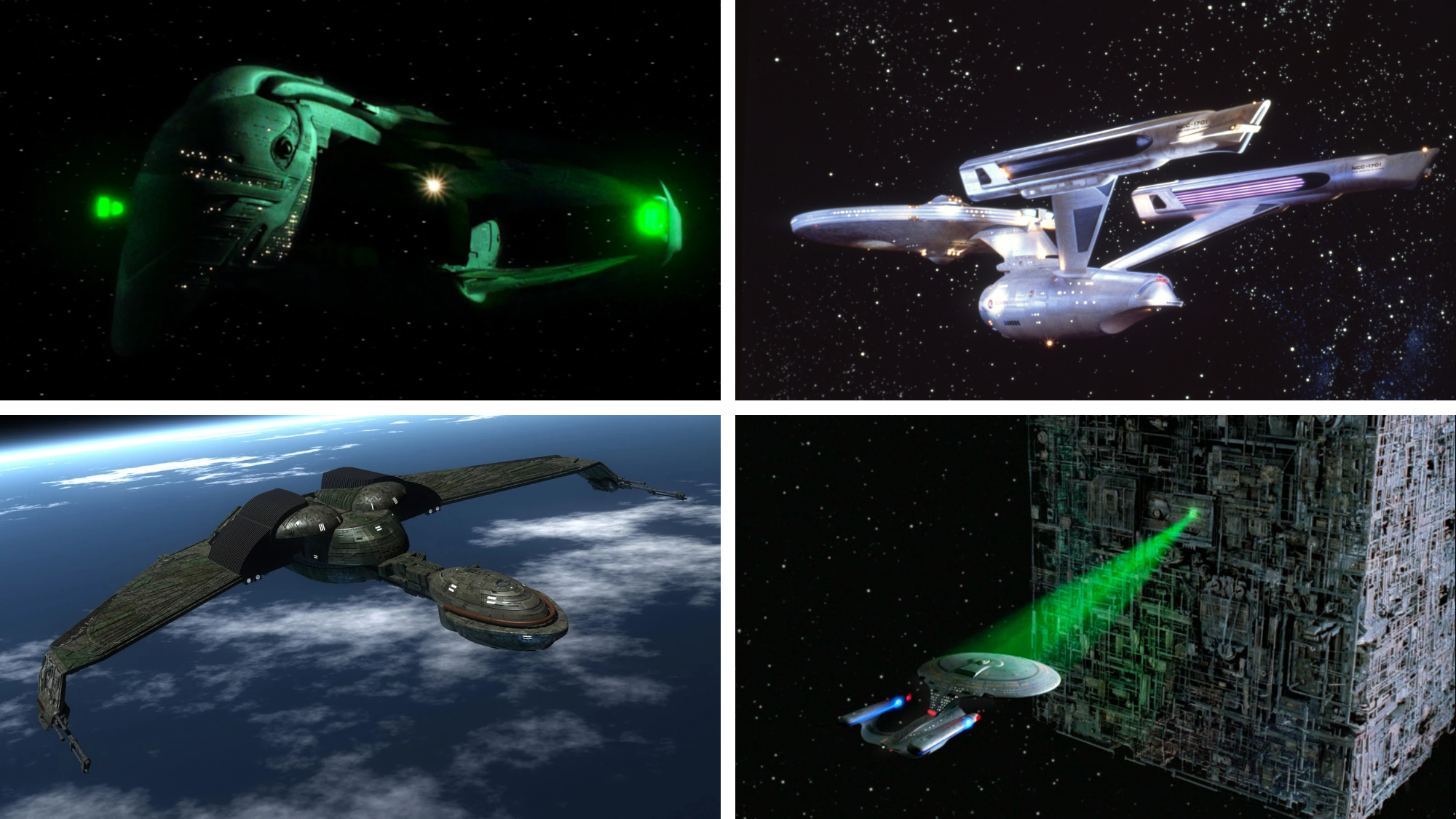 Split image showing Star Trek ships: Romulan Warbird (top left), USS Enterprise Constitution refit (Top Right), Klingon Bird of Prey (Bottom Left) and Borg Cube fighting the USS Enterprise-D (Bottom Right)
