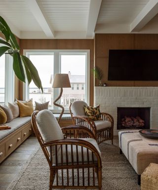 coastal farmhouse living room space with nautical decor