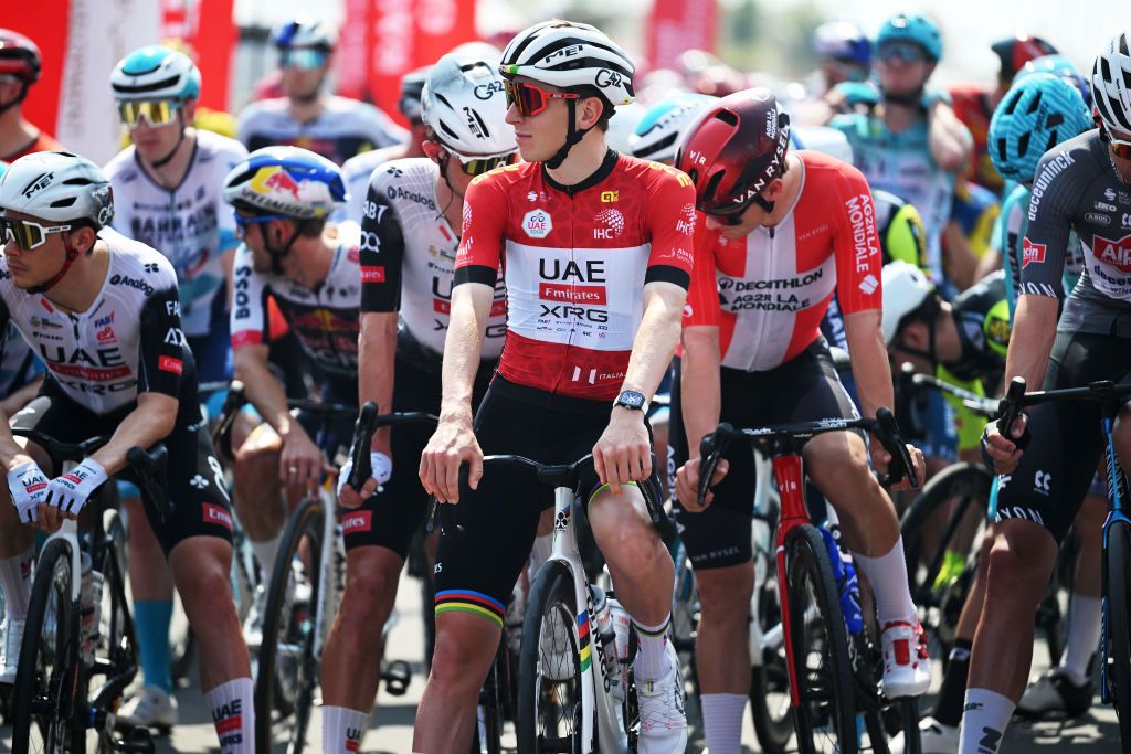 QIDFA UNITED ARAB EMIRATES FEBRUARY 20 Tadej Pogacar of Slovenia and UAE Team Emirates Red Leader Jersey prior to the 7th UAE Tour 2025 Stage 4 a 181km stage from Fujairah Qidfa Beach to Umm al Quwain UCIWWT on February 20 2025 in Fujairah Qidfa Beach United Arab Emirates Photo by Dario BelingheriGetty Images
