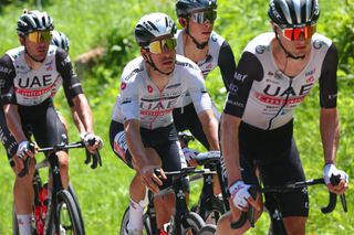 Best young riders white jersey UAE Team Emirates rider Joao Almeida rides with teammates during stage 18 of the Giro dItalia 2023