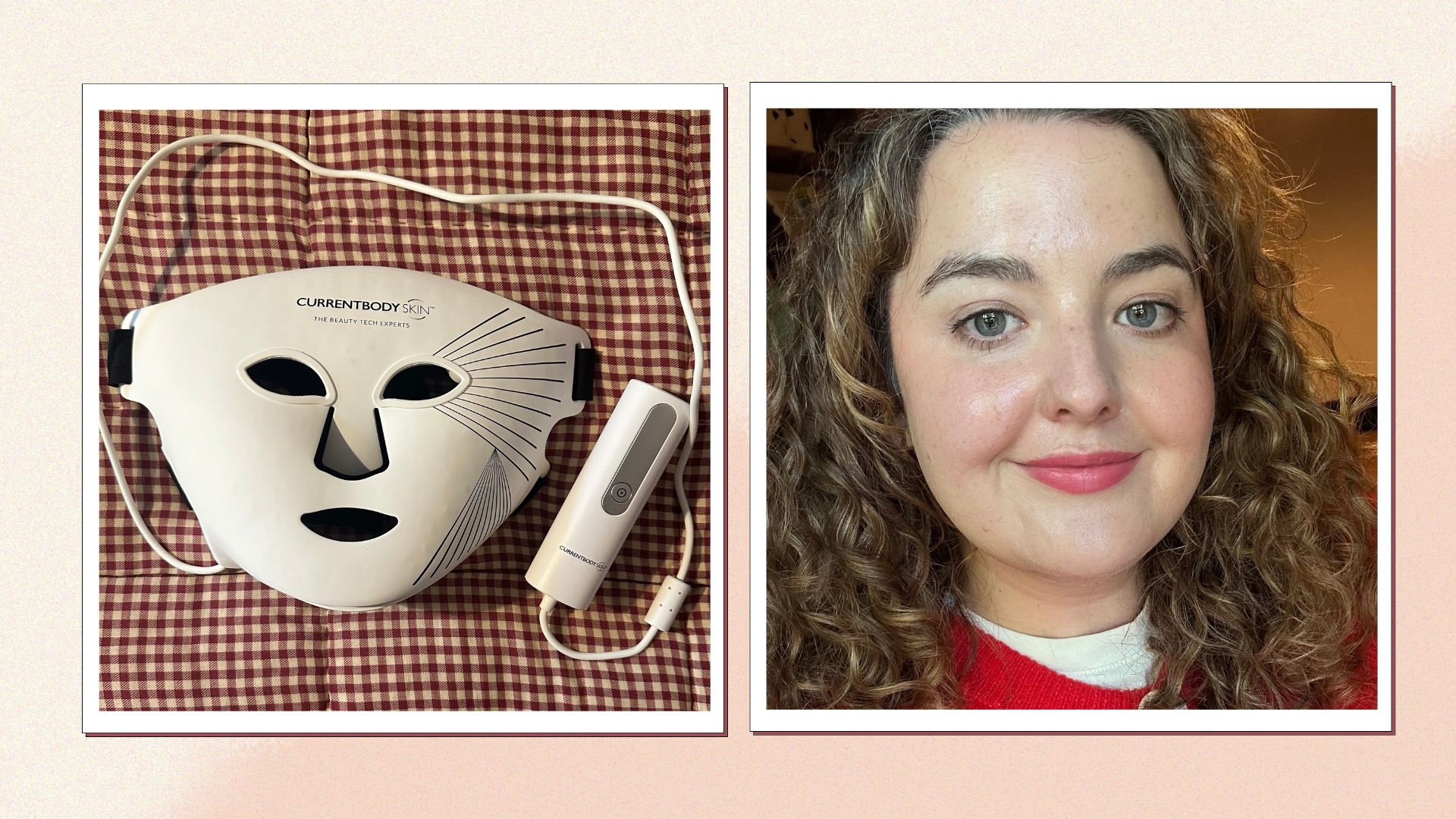 An image of the CurrentBody LED Face Mask: Series 2 with an image of senior beauty editor Rhiannon Derbyshire alongside it