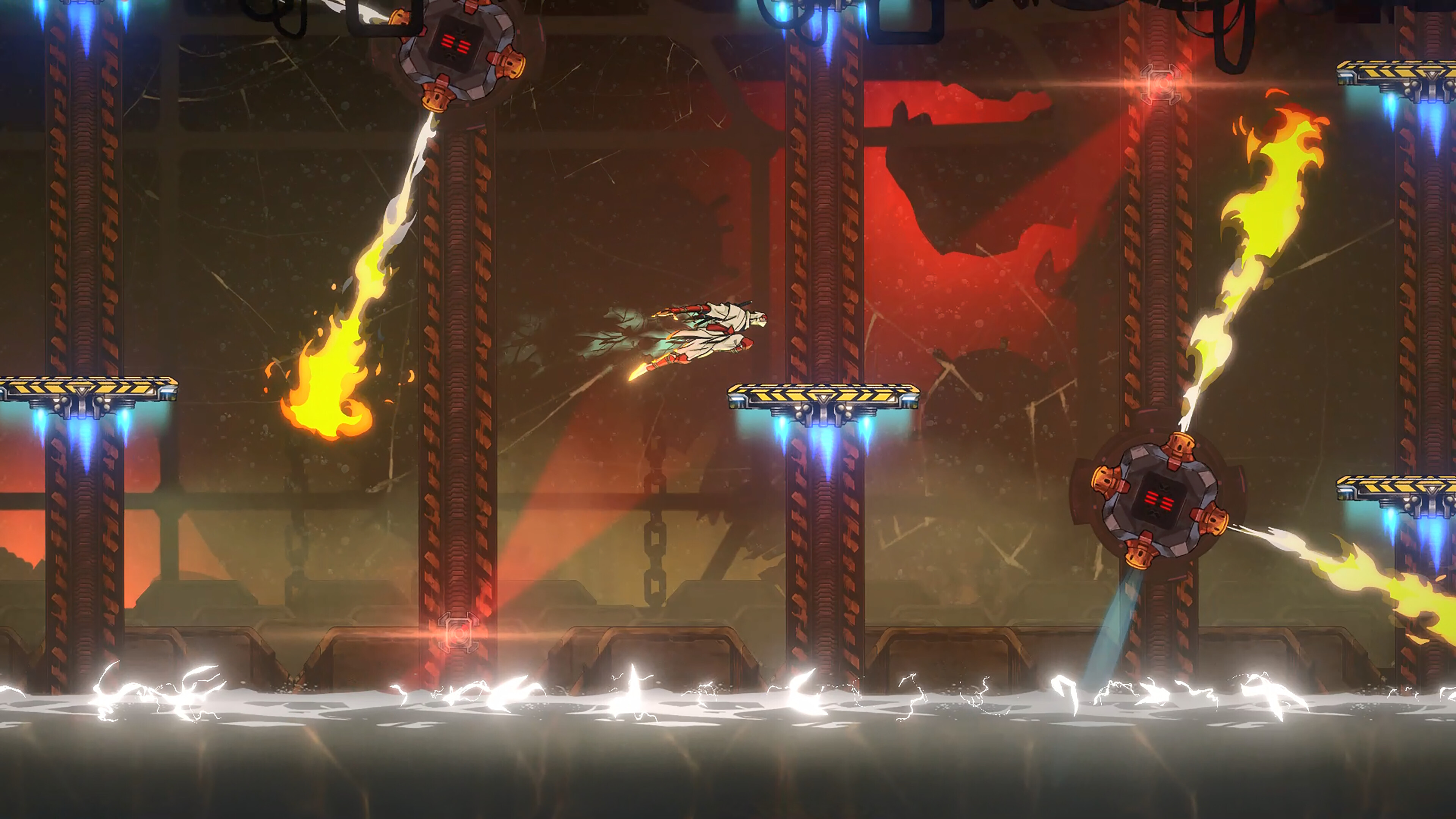 Screenshot from Shinobi Art of Vengeance, showing a white-clad warrior battling with sword and magic