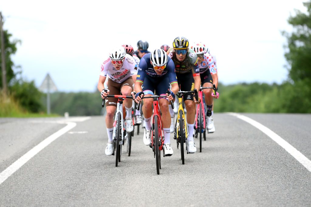 LONGWY FRANCE JULY 07 Mads Pedersen of Denmark and Team Trek Segafredo competes in the breakaway during the 109th Tour de France 2022 Stage 6 a 2199km stage from Binche to Longwy 377m TDF2022 WorldTour on July 07 2022 in Longwy France Photo by Alex BroadwayGetty Images
