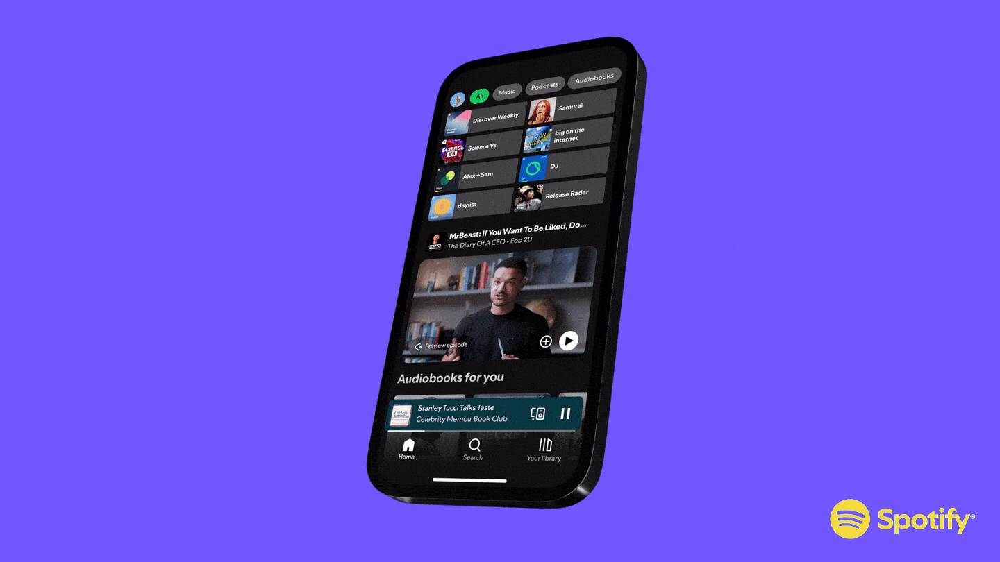 The Spotify Home page showing new podcast episode recommendations
