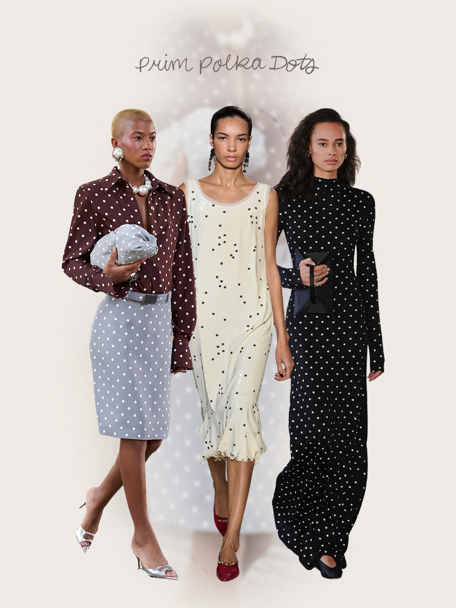 Spring 2026 print trends are showcased in a collage of runway images featuring the polka dot print. On the left, a model walking in Rowan Rose's spring show is wearing a brown-and-white polka-dot print button-down shirt that's tucked into a contrasting light-gray polka-dot pencil skirt, styled with silver pointed mules, a gray polka-dot clutch, silver earrings, and an oversized silver necklace. In the middle, a model walking in Tory Burch's spring runway show is wearing a white-and-black polka-dot dress styled with red pointed-toe kitten heels and black tassel earrings. On the right, a model walking in Altuzarra's spring 2026 runway show is wearing a black maxi turtleneck neck gown that's adorned with eyelets giving the appearance of polka dots; the look is styled with black pointed-toe flats and a black clutch bag.