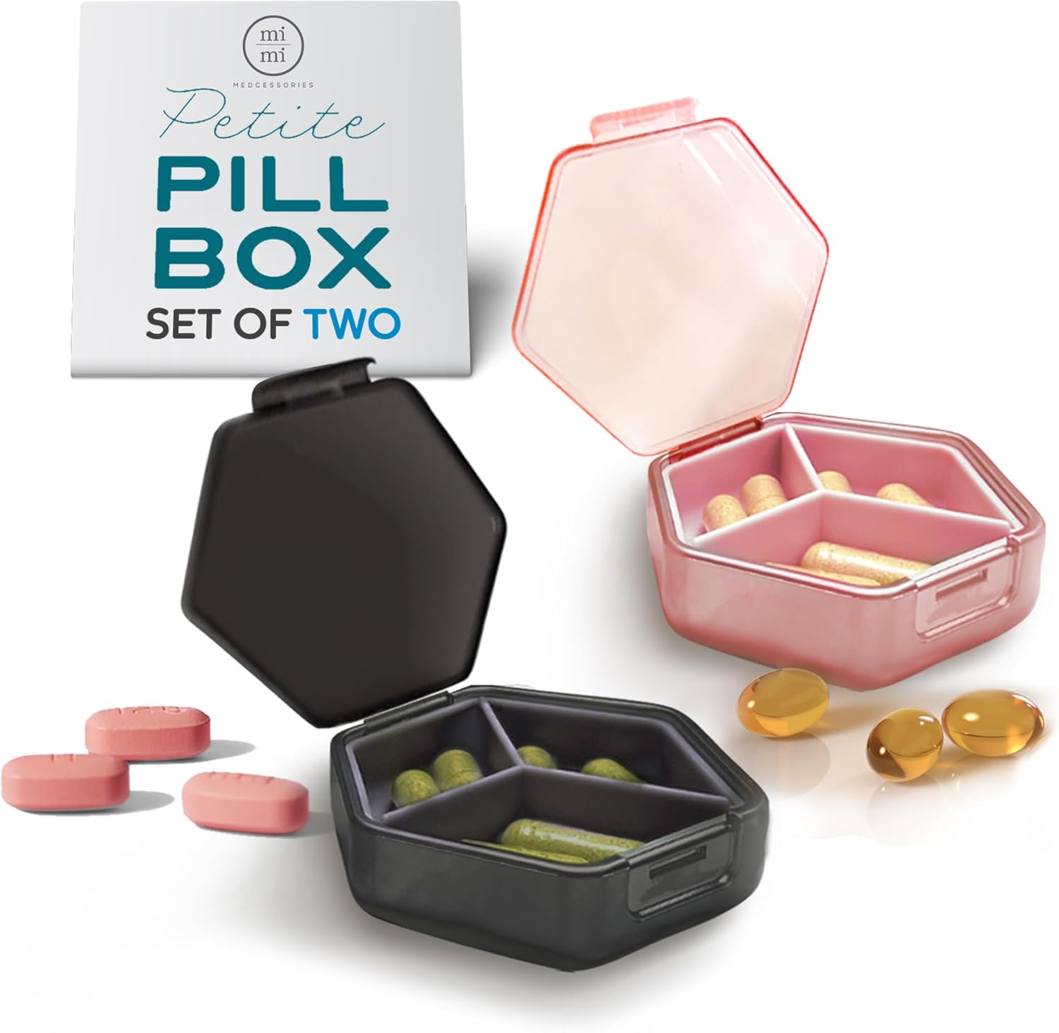 A black hexagonal pill case and a metallic pink hexagonal pill case