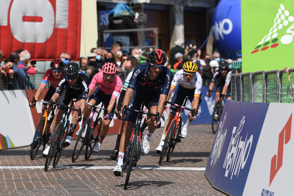 RIVA DEL GARDA ITALY APRIL 23 Gianni Moscon of Italy and Team INEOS Grenadiers at arrival during the 44th Tour of the Alps 2021 Stage 5 a 1209km stage from Valle del Chiese Idroland to Riva del Garda TourofTheAlps TouroftheAlps on April 23 2021 in Riva del Garda Italy Photo by Tim de WaeleGetty Images