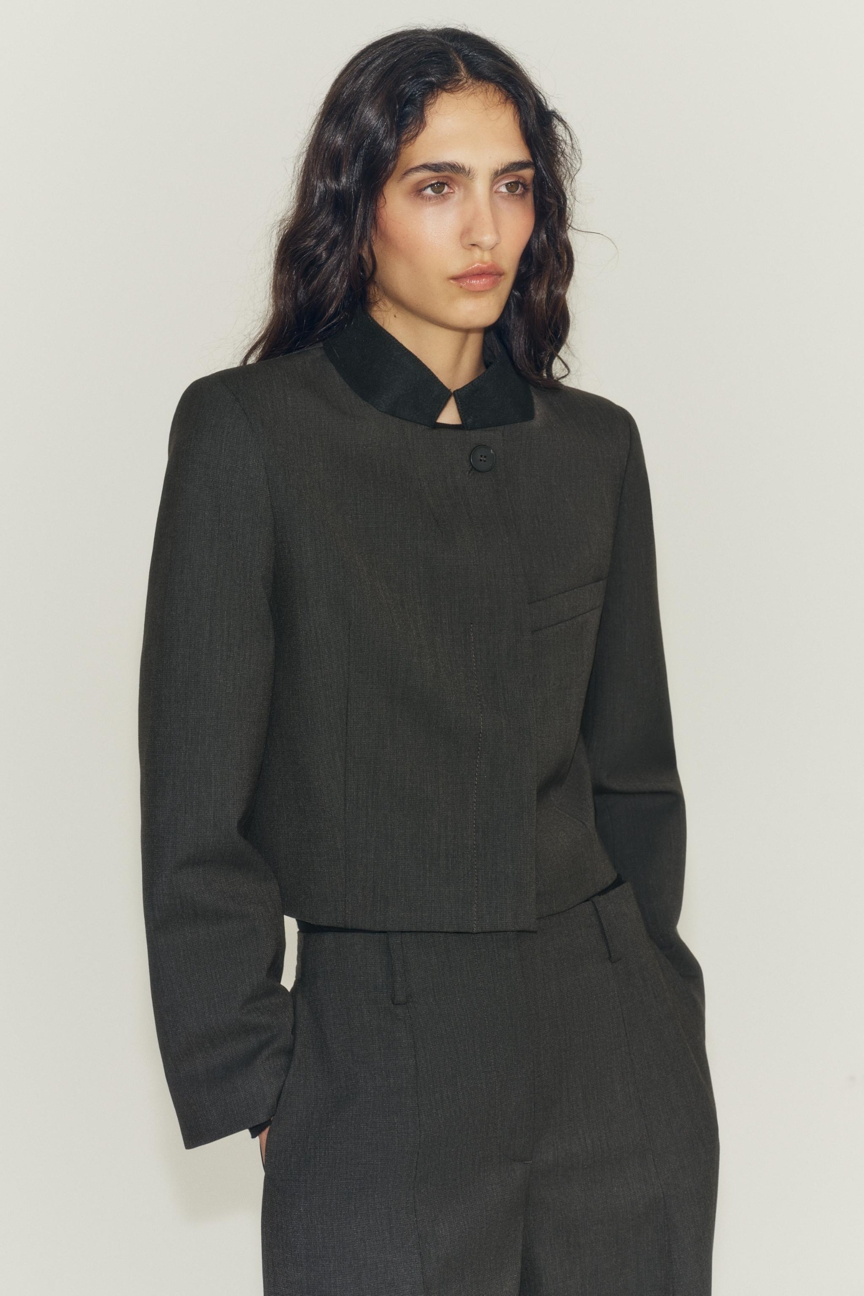 ZARA, Zw Collection Contrast Collar Cropped Blazer - Brown - Xs