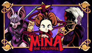 Mina the Hollower promotional artwork featuring Mina centered between two dark fantasy characters against a purple gothic background.