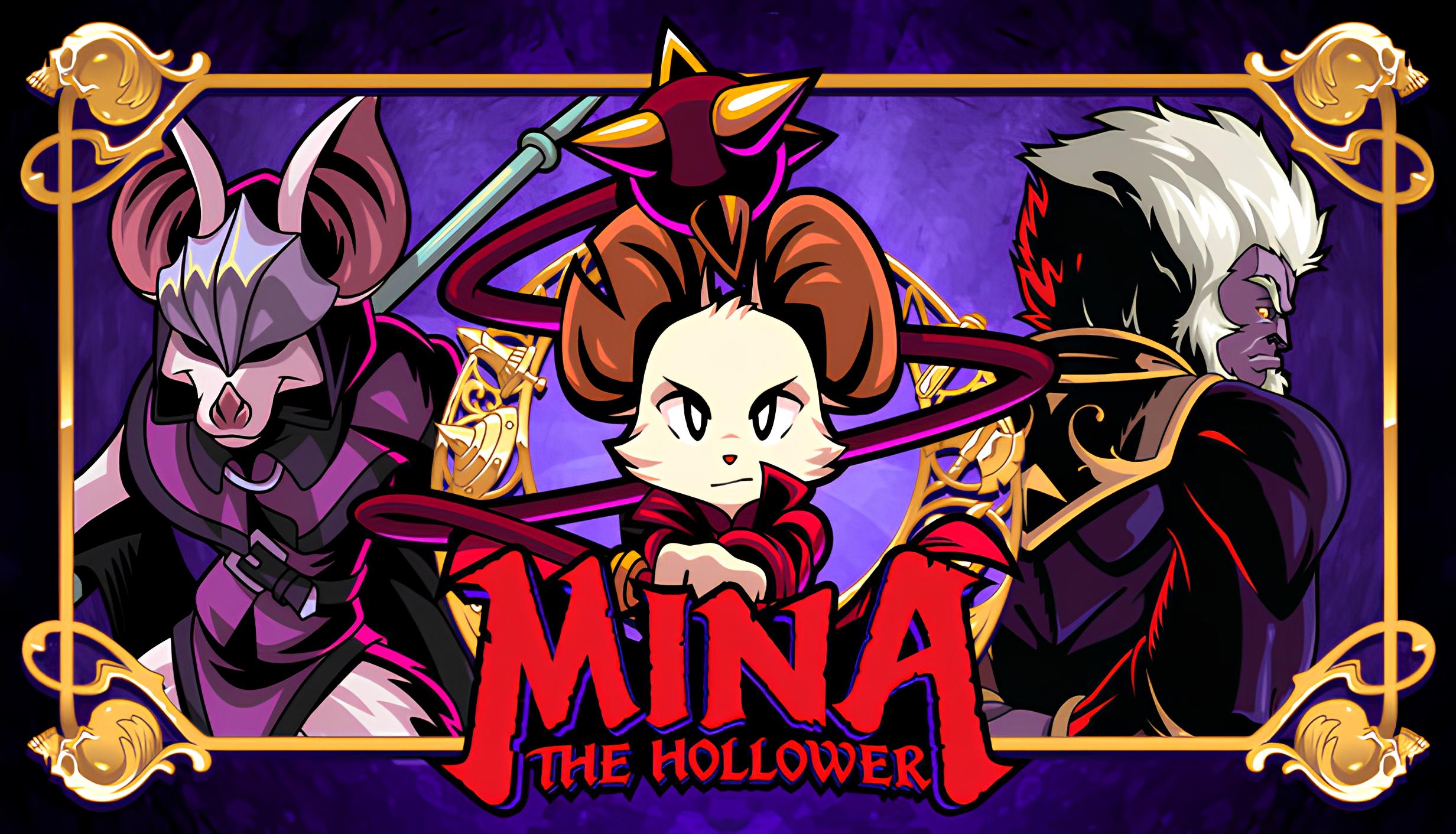 Mina the Hollower promotional artwork featuring Mina centered between two dark fantasy characters against a purple gothic background.