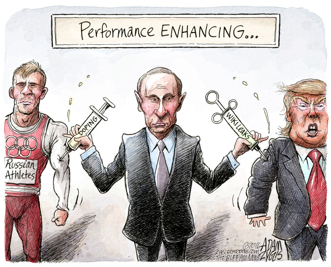 Political cartoon World performance enhancing Putin Donald Trump Russian athletes