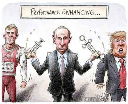 Political cartoon World performance enhancing Putin Donald Trump Russian athletes