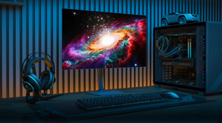 Render of gaming desktop setup with Gigabyte monitor