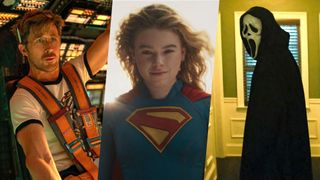 A photo collage combining stills of Ryan Gosling in the cockpit in "Project Hail Mary," Milly Alcock in her "Supergirl" costume, and Ghostface in a still from "Scream 7" (L-R) 