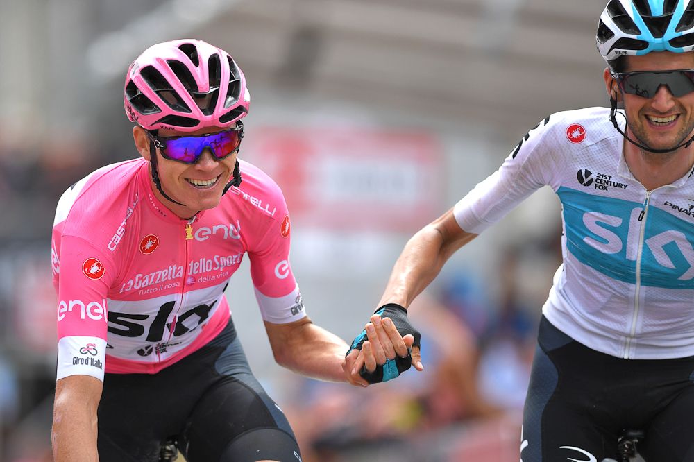 Chris Froome and Wout Poels share congratulations after stage 20 at the Giro d'Italia