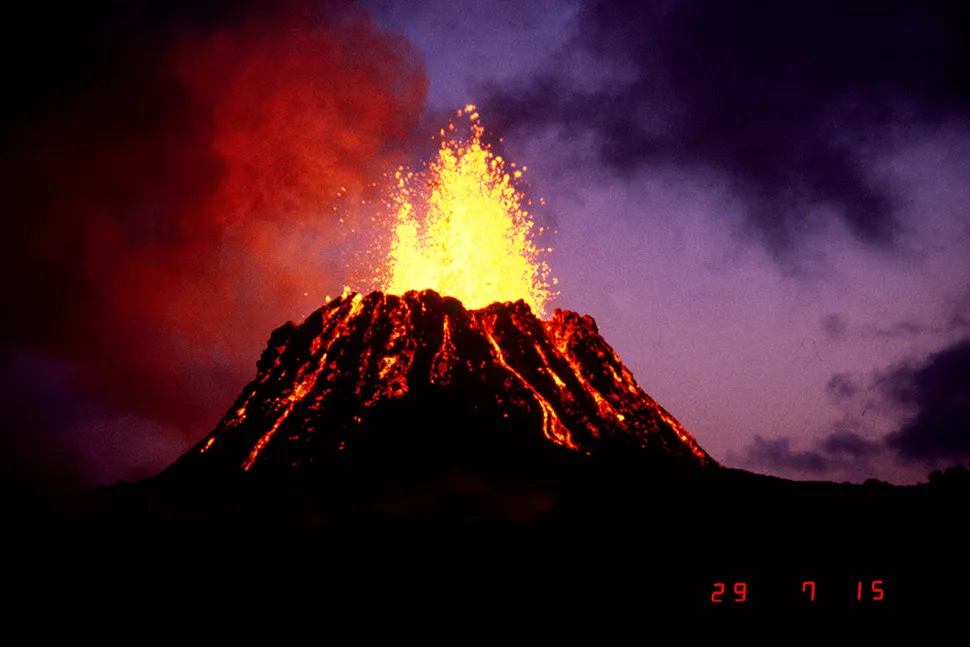 View of the erupting Kilauea volcano taken at dusk on June 29, 1983.