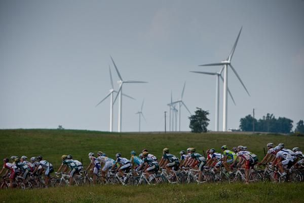 The bunch passes by a windmill farm on the way to St. Joseph.